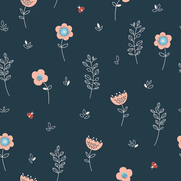 Seamless pattern with flowers, leaves and ladybugs — Stock Vector