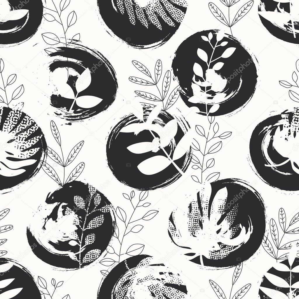 seamless pattern with hand drawn circles and leaves