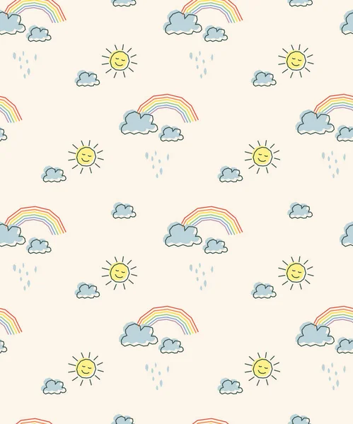 Плавный узор с солнцем, облаками и радугами — стоковый вектор