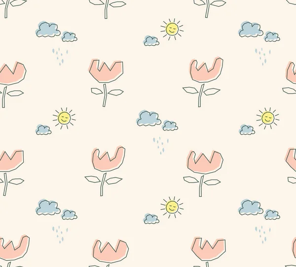 Motif sans couture avec soleil, nuages et fleurs — Image vectorielle