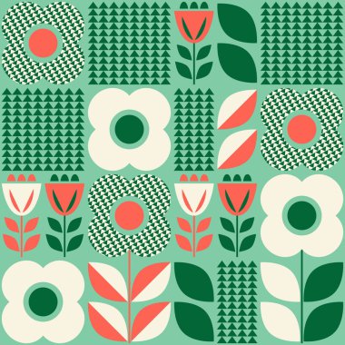 retro İskandinav tarzı çiçek elemanları ile Seamless Modeli