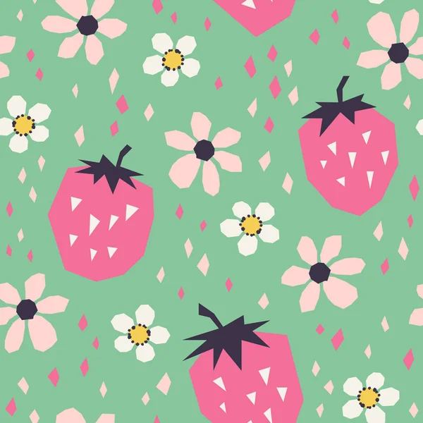 Naadloos patroon met aardbeien en bloemen — Stockvector