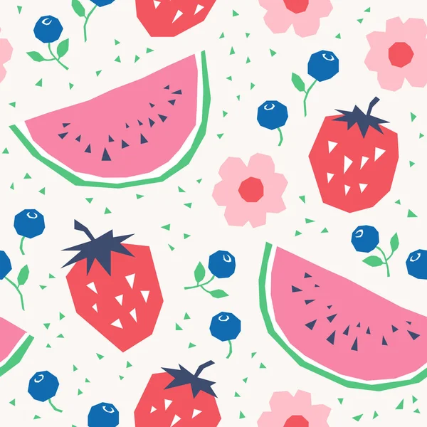 Patrón sin costuras con fresas, sandías, arándanos y flores — Vector de stock