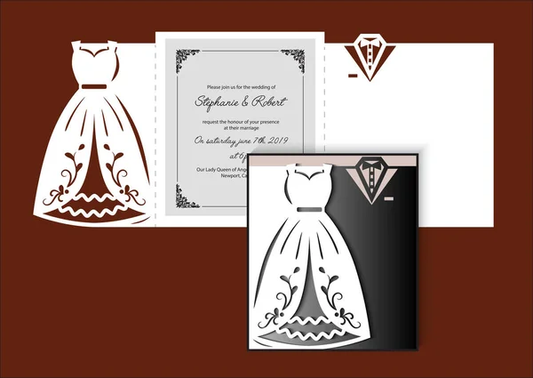 Πρότυπο Laser cut της πρόσκλησης γάμου με ρούχα νύφης και γαμπρού. Διπλώστε την κάρτα με ανοιχτή σιλουέτα από λευκό νυφικό φόρεμα, σμόκιν. Χάρτινη καρτ ποστάλ με στολή διακοπών. Εικονογράφηση διανύσματος. — Διανυσματικό Αρχείο
