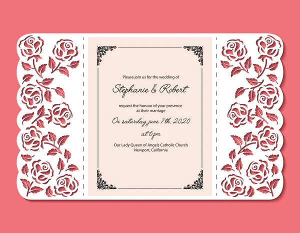 Πρότυπο Laser cut της πρόσκλησης γάμου με τριαντάφυλλα. Φάκελος τσέπης για ευχετήρια κάρτα με floral στολίδι. Διπλώστε πίνακα διακόσμηση δαντέλα με λουλούδι openwork διάνυσμα σιλουέτα. Die cut για την ημέρα του Αγίου Βαλεντίνου. — Διανυσματικό Αρχείο