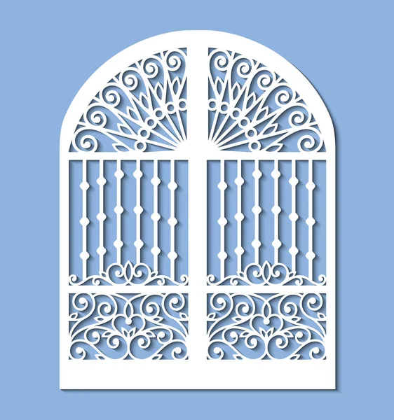 Лазерная резка шаблона металлических ворот с кованым орнаментом и декоративной сеткой. Стальная раздвижная дверь с кружевом в винтажном стиле. Открытый векторный силуэт. Железное ограждение на голубом фоне . — стоковый вектор