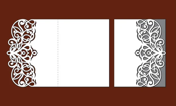 Hochzeitseinladungskarte mit Spitzenrahmen im Vintage-Stil. Lasergeschnittene Vorlage der durchbrochenen Vektorsilhouette. Umschlag mit kunstvollen abstrakten Ornamenten. Dekoratives Designmuster für Feiertage. — Stockvektor