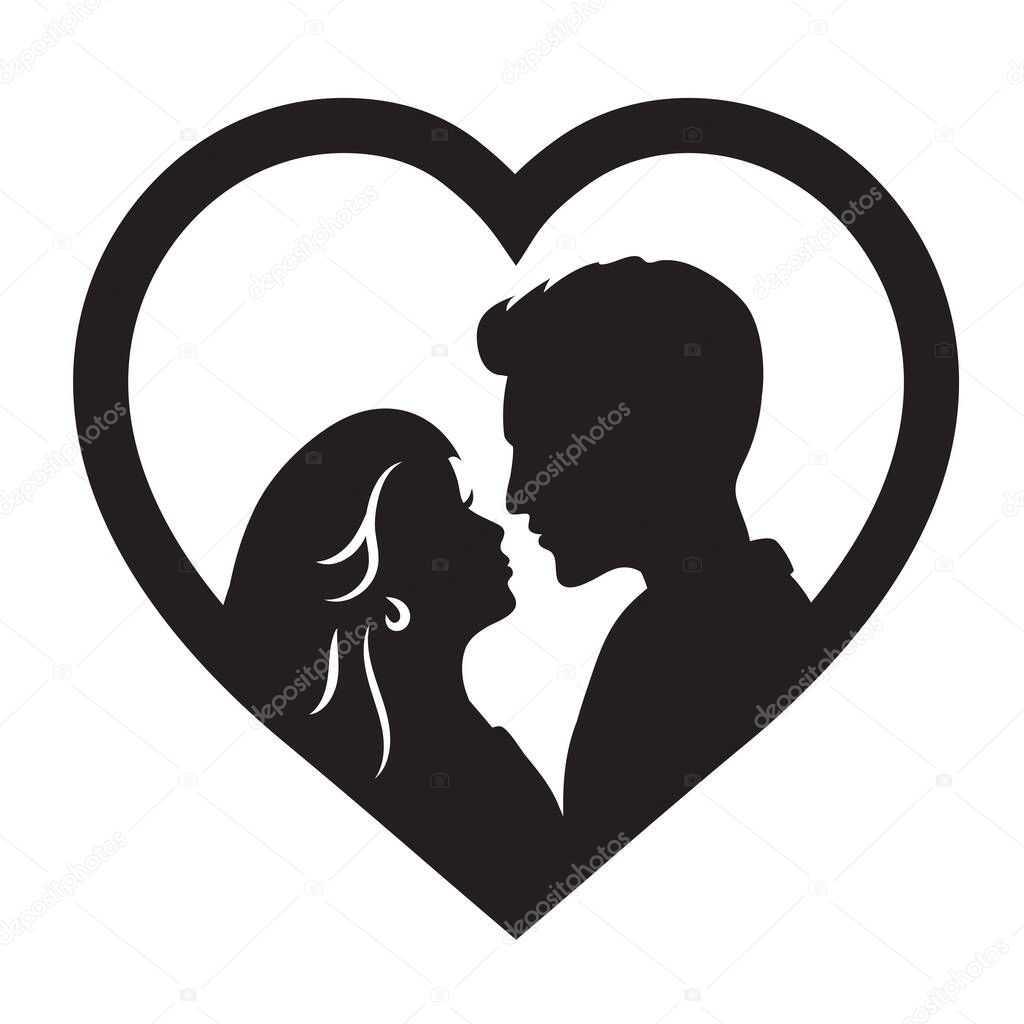 Laser cut template of male and female silhouette opposite each other. Couple in love. Bride and groom in heart frame for wedding invitation card or table topper. Faces in profile at Valentines day.