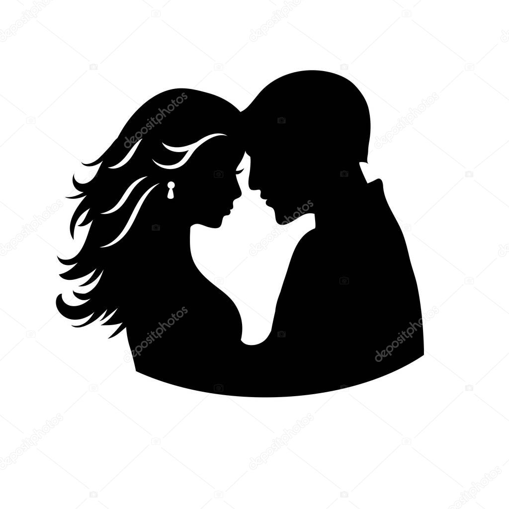 Laser cut template of male and female silhouette opposite each other. Couple in love are embrace. Bride and groom for wedding invitation card or table topper. Faces in profile at Valentines day.