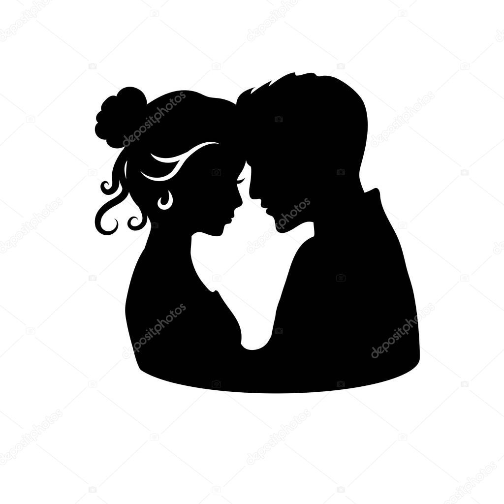 Laser cut template of male and female silhouette opposite each other. Couple in love are embrace. Bride and groom for wedding invitation card or table topper. Faces in profile at Valentines day.