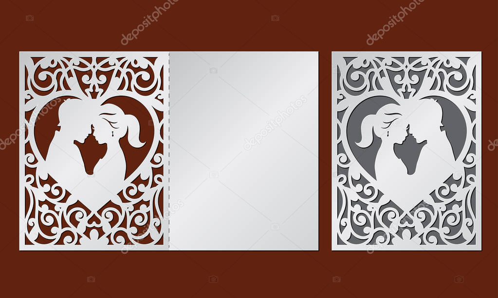 Laser cut template of wedding invitation with bride and groom in the heart frame. Fold card with openwork vector silhouette. Couple in love in lace decor panel. Faces in profile at Valentines day.
