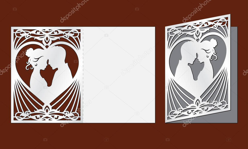 Laser cut template of wedding invitation with bride and groom in the heart frame. Fold card with openwork vector silhouette. Couple in love in lace decor panel. Faces in profile at Valentines day.