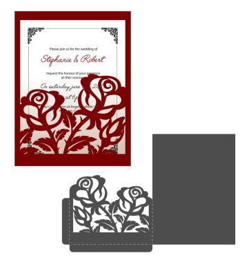 Lazer, düğün davetiyesini güllerle kesti. Çiçek süslemeli tebrik kartı için bir cep zarfı. Çiçek açma vektörü silueti olan katlanmış dantel dekor paneli. Sevgililer Günü 'nde kesileceksin..