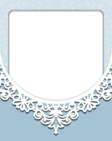 Huwelijksuitnodiging of sla de datum kaart op. Sjabloon van uitsnijpapier. Ornamental frame met kant decoratie op lichtblauwe achtergrond. Open vector silhouet. Vintage rand is geschikt voor laser cut — Stockvector