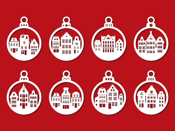 Satz von Laserschneidschablone von Weihnachtskugeln mit Häusern im Amsterdam-Stil. Silhouette Weihnachtsbaumschmuck zum Ausschneiden. stilisierte holländische Fassade alter Gebäude. Vektorabbildung auf rotem Hintergrund. — Stockvektor