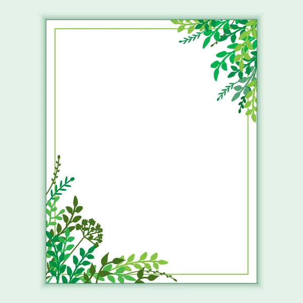Tag der Erde Banner mit frühlingshaften grünen Blättern, Zweigen. Hochzeit florale Einladung, speichern Sie die Datumkarte Design mit Waldgrün Kräuter, Laub. Vektorrahmen natürlich, botanischer Rand, Eckschablone. — Stockvektor