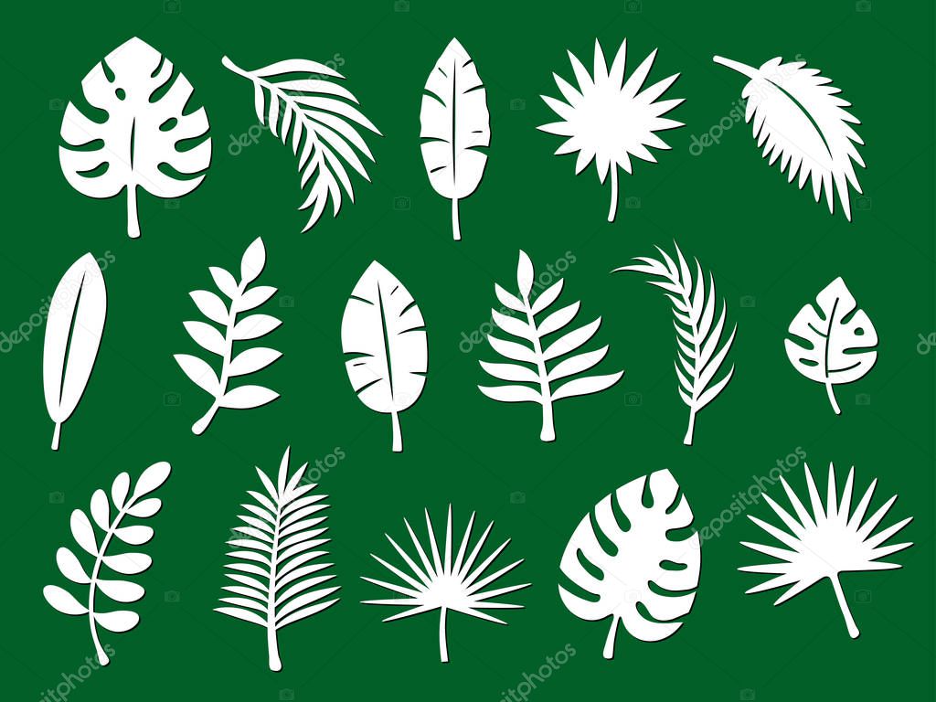 Laser cutting template of tropical leaves, jungle branches. Exotic split foliage of palm isolated on green background. Vector silhouette of elements. Set for wood carving, paper cut, stamp for die cut