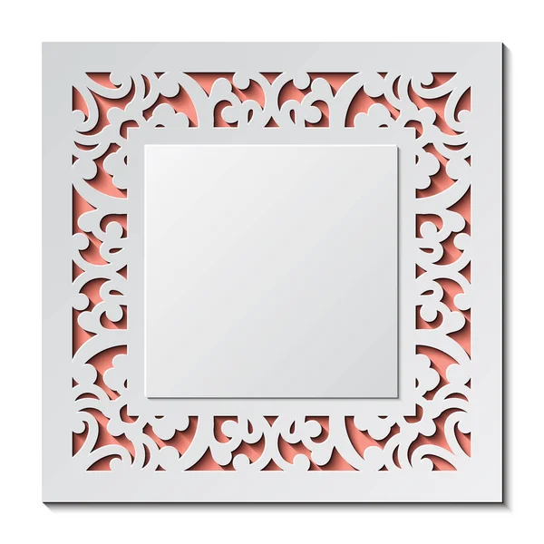 激光切割婚宴请柬模板. 有抽象装饰的正方形卡片。 矢量图解背景。 白色3D纸裁剪了情人节的轮廓。 木雕面板,尿布花纹. — 图库矢量图片