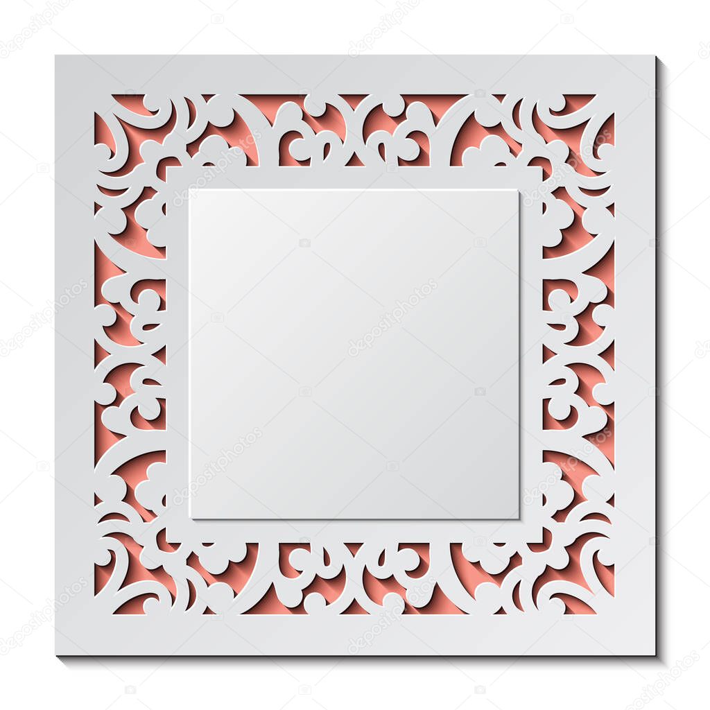 Laser cut template of wedding invitation. Square card with abstract ornament. Vector illustration background. White 3D paper cut silhouette for Valentine's day. Panel for wood carving, diecut pattern.