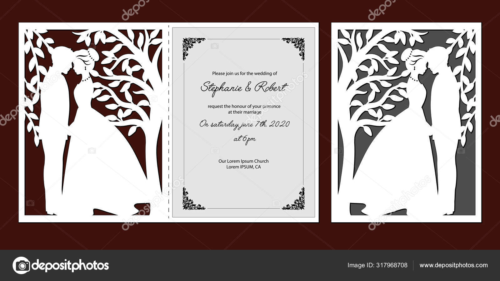 Laser cut template of wedding invitation with bride, groom. Card with  openwork vector silhouette of tree with branches, leaves. Couple in love in  lace decor panel. Faces in profile at Valentine's day., image size:1600x900