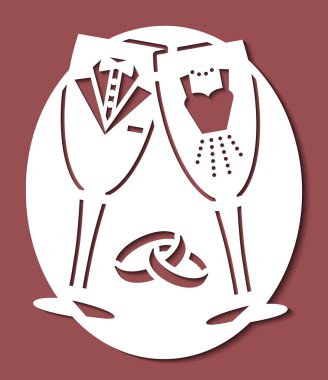 Lazer, iki kadeh şampanya şablonu kesti. Bir kadeh tost kadehi, çapraz yüzükler. Davetiye kartı için vektör siluet düz simge. Tahta oyma, kağıt kesme, ölüm damgası....