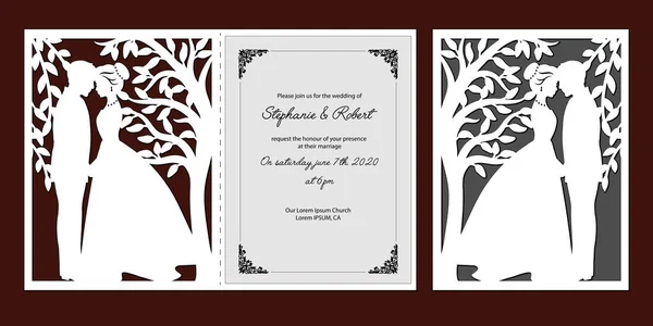 Laser cut template of wedding invitation with bride, groom. Card with openwork vector silhouette of tree with branches, leaves. Couple in love in lace decor panel. Faces in profile at Valentine's day. — Stock Vector