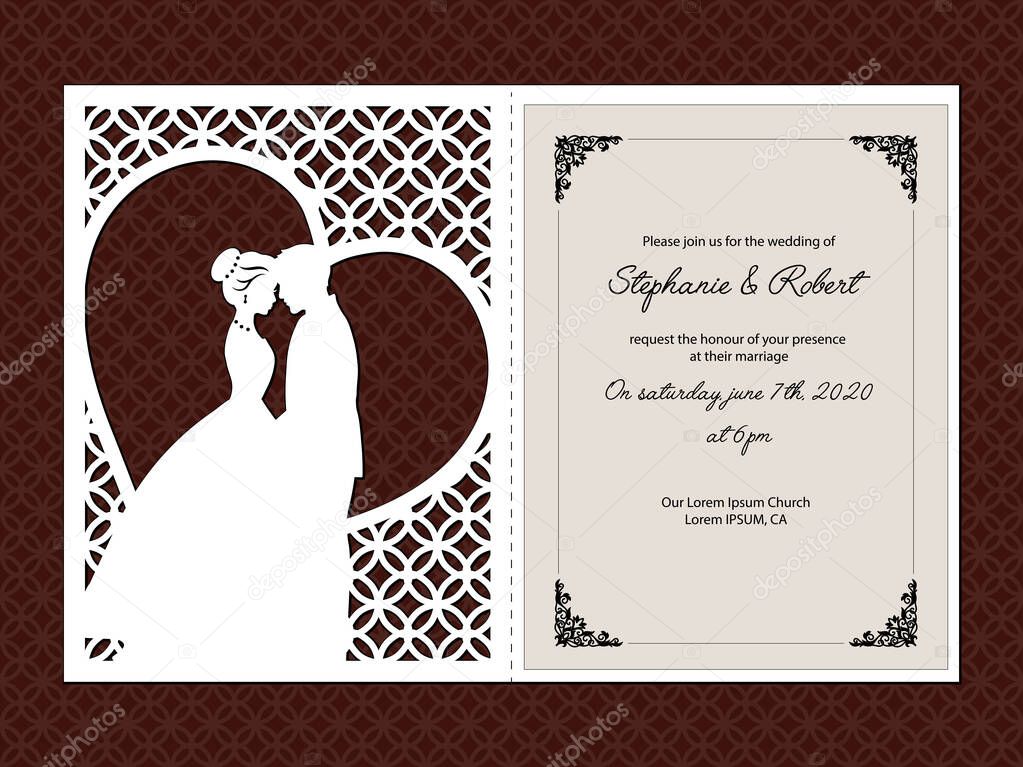 Laser cut template of wedding invitation, bride and groom in the heart frame. Openwork silhouette vector card. Couple in love in lace decor panel. Faces in profile at Valentine's day. Pattern cut out.