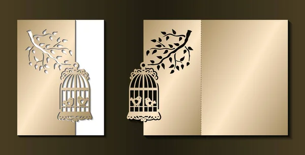 Laser cut template of wedding invitation. Fold card with cage, birds, branch with leaves. Gold vector illustration. Silhouette of golden birdcage. Panel for wood carving, paper cut, diecut pattern. — Stock Vector