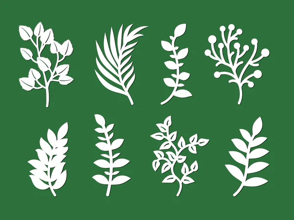 Laser cutting template of leaves, branches, grass. Openwork foliage of herbs isolated on green background. Vector silhouette of elements. Ecology art set for wood carving, paper cut, stamp for die cut — Stock Vector
