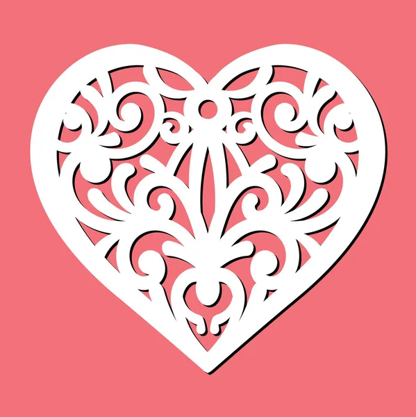 Openwork heart with a lace ornament. Laser cut template. Happy Valentines Day sign, icon of love symbol. Vector silhouette of beautiful element. Cutting illustration isolated on red background. — Stock Vector