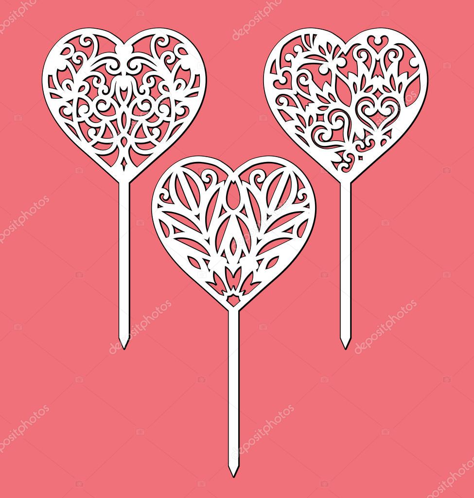 Set of the table sign toppers. Template for laser cutting, wood carving, paper cut out. Handmade silhouette for unique wedding decor. Vector heart decoration for Valentines Day.