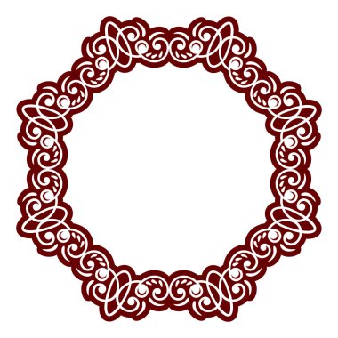 Tasarım şablonu için dekoratif yuvarlak çerçeve. Vektör geometrik bağbozumu ögesi, metin için yer. Çiçek sınırı. Davetiye için dantelli illüstrasyon, tebrik kartı. Albüm için peçete simgesi. Mandala