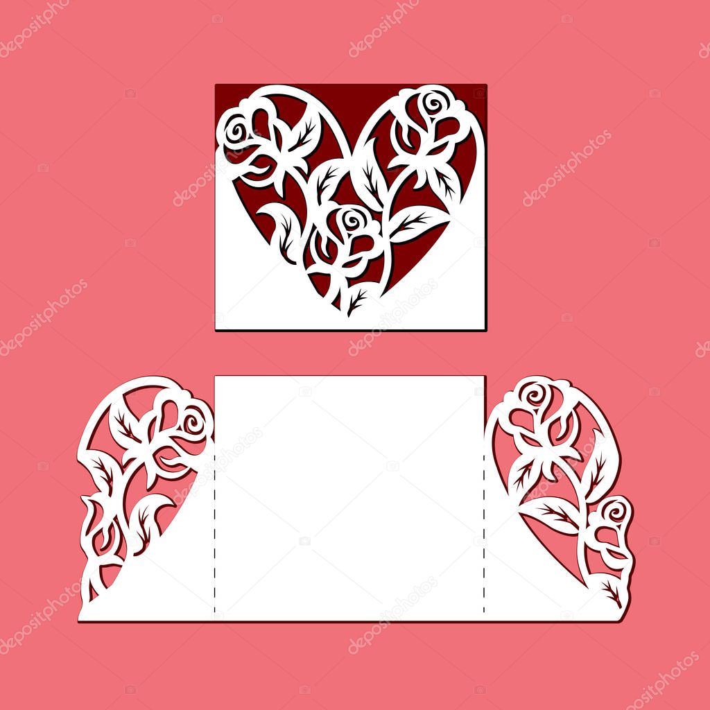 Gate fold invitation card. Laser cutting template of openwork vector silhouette. Lace border at vintage style for Valentines day. Wedding envelope with heart and roses pattern on red background.