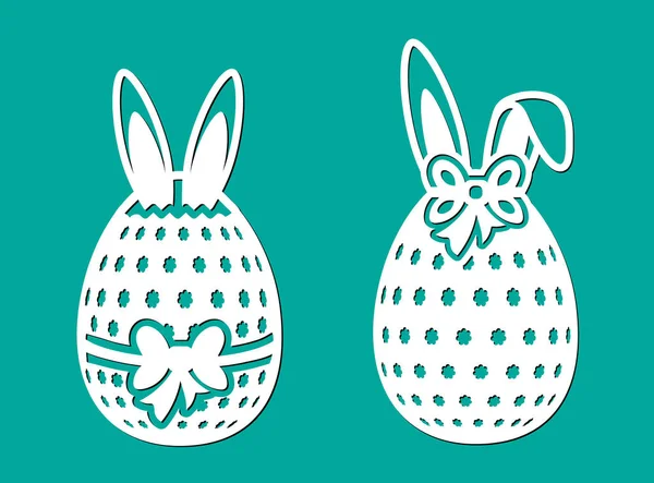 Ensemble d'œufs de Pâques heureux avec arc, ligne, oreilles et pattes de lapin. Modèle de découpe laser. Éléments vectoriels. Illustration en silhouette pour coupe isolée sur fond vert printemps . — Image vectorielle