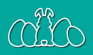 Lazer şablonu kesti. Mutlu Paskalya yumurtaları sırada, kulakları ve kuyruğu olan tavşanlar. Paskalya yumurtası avı. Vektör silueti eğlenceli tavşan. Örnek örnekleme yeşil bahar arka planında izole edildi. Ölü kesim tasarımı.