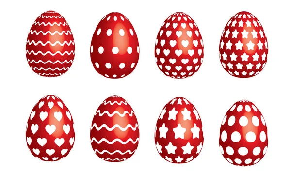 Happy Easter. Spring holiday set with colorful painted eggs. Vector illustration background. Traditional orthodox christian celebration food. Isolated red egg with different textures. — Stock Vector