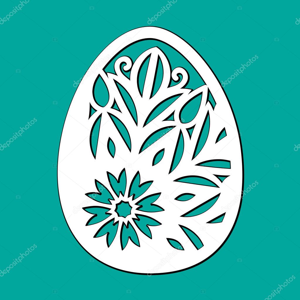 Openwork oval with a lace ornament. Laser cutting template. Happy Easter egg with floral pattern, flowers, leaves. Vector silhouette of element. Illustration for cut. Isolated on green background.