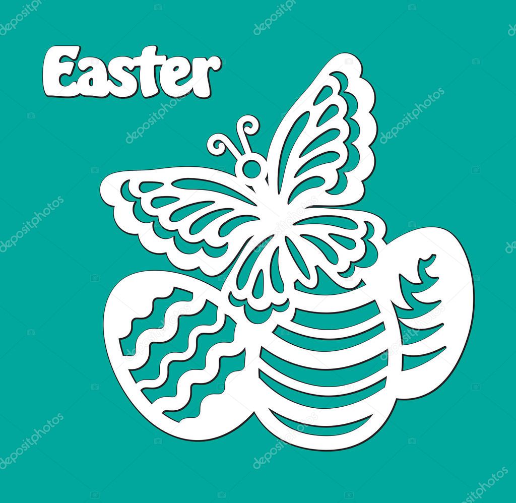 Openwork eggs, butterfly with lace ornament. Laser cutting template. Egg with pattern for Happy Easter. Vector silhouette of element. Isolated on green background. Lettering, word phrase for cut.