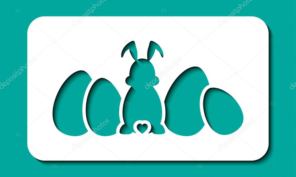 Stencil for Easter hunt. Laser cut template. Happy Easter eggs lie in line, rabbit ears and tail. Vector silhouette fun bunny. Sample illustration isolated on green spring background. Die cut design.