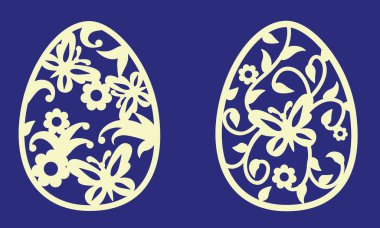 Lazer kesme şablonu. Çiçekli Paskalya yumurtaları, yapraklar, kelebekler. Dantel süslemeli oval açılış. Tasarım elemanları. Vektör silueti ayarlandı.