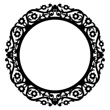 Lazerle kesilmiş fotoğraf çerçevesi. Tasarım şablonu için dekoratif yuvarlak çizgi sanatı. Vektör geometrik klasik metal elementi. Çiçek sınırı. Davetiye için dantelli illüstrasyon, tebrik kartı. Albüm için peçete simgesi.