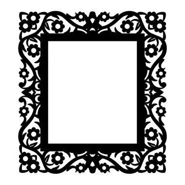 Lazerle kesilmiş fotoğraf çerçevesi. Tasarım şablonu için dekoratif dikdörtgen çizgisi. Vektör geometrik klasik metal elementi. Çiçek sınırı. Davetiye için dantelli illüstrasyon, tebrik kartı. Albüm için peçete