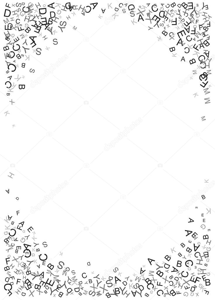 Corners with casual letters fly on white background. Abstract backdrop with alphabet. Random black letters pattern. Circle with mix of chance Latin ABC. Vector illustration, texture for banner design.