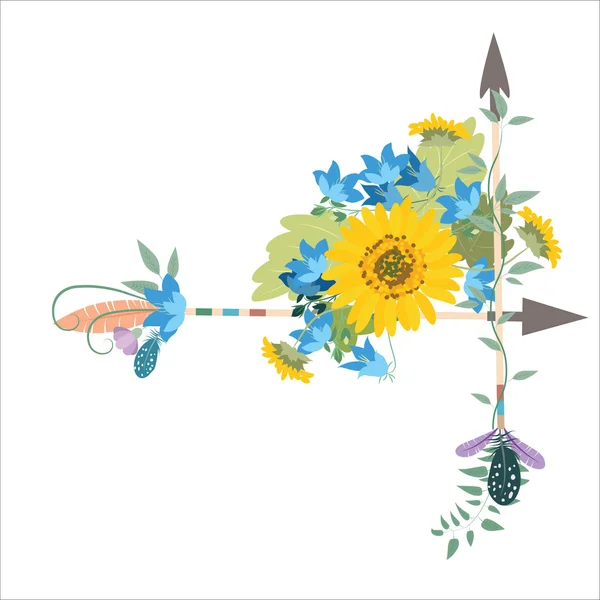 Flower arrangement with sunflowers kolokolchiklm arrows — Stock Vector