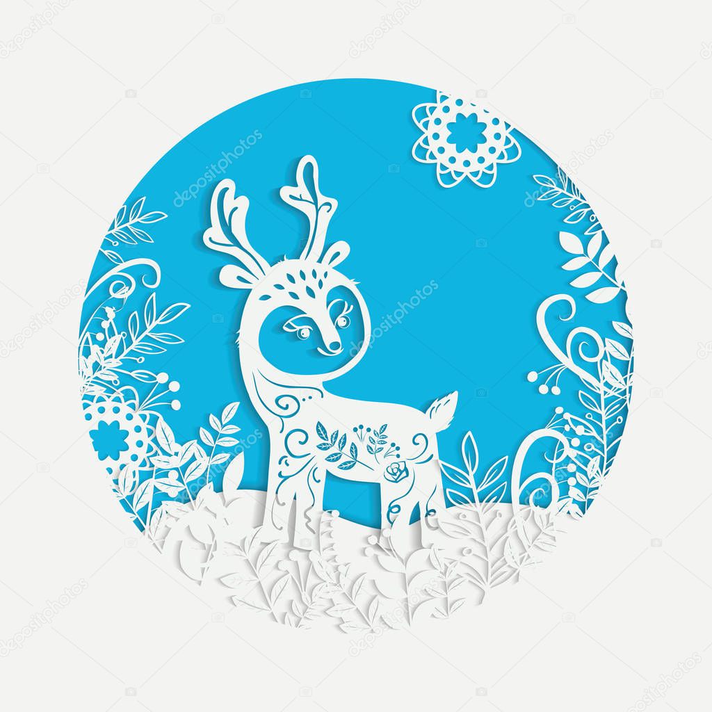 Hand drawn Christmas magic horned deer