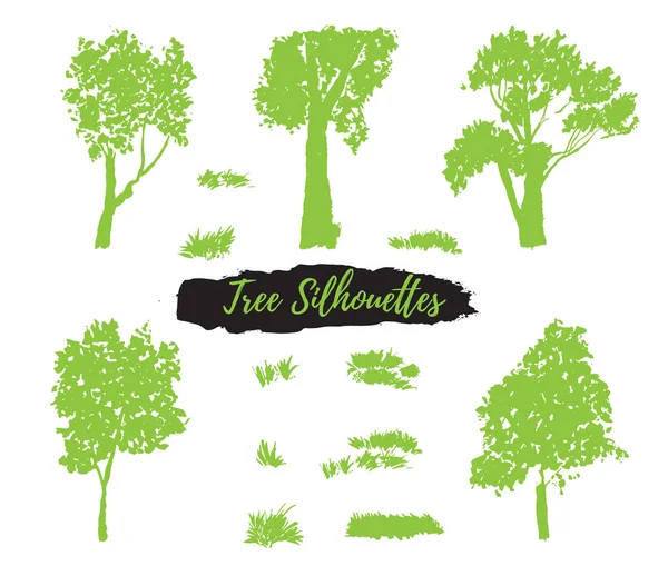Collection of silhouettes of trees and herbs — Stock Vector