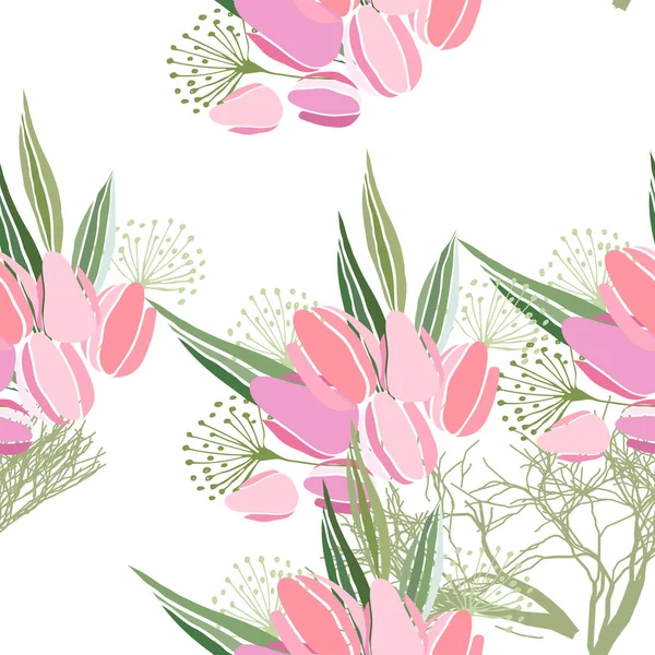 Απρόσκοπτη μοτίβο με λουλούδια το καλοκαίρι και φύλλα σε λευκό φόντο — Διανυσματικό Αρχείο