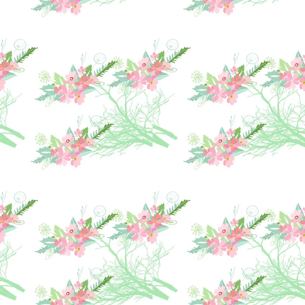Naadloze patroon met zomerbloemen en bladeren op een witte achtergrond — Stockvector