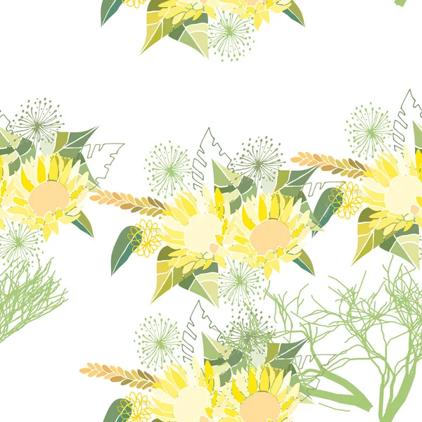 Patrón sin costuras con flores y hojas de verano sobre un fondo blanco — Vector de stock