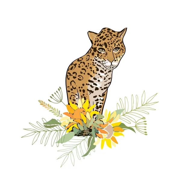 Estilo retro Ilustración con flores y animales — Vector de stock